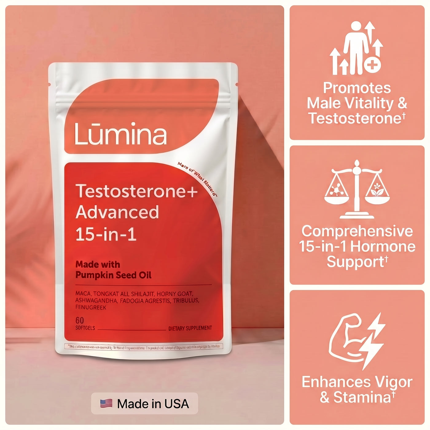 Lūmina Testosterone+ Advanced 15-in-1, 60-softgel pouch